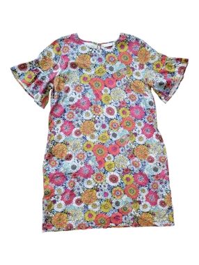 Foil Linen Dress Floral Print Ruffle Short Sleeves Garden Flower Multi Color 14